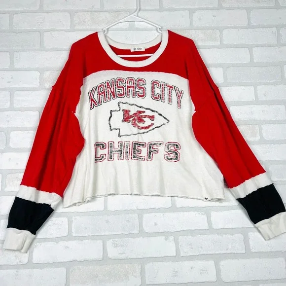 47 Brand Kansas City Chiefs Cropped Long Sleeve Colorblock Shirt Red White XL - Picture 16 of 16